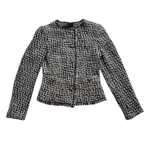 Boucle Tweed Jacket Clueless Chic Preppy Posh Academia Frayed Trim Cropped XS - Picture 6 of 16